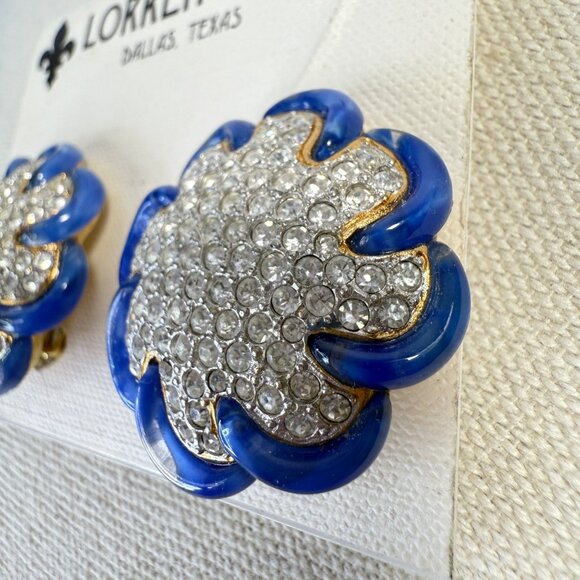 Lorren Bell Blue & Rhinestone Clip-On Earrings New - Picture 4 of 8